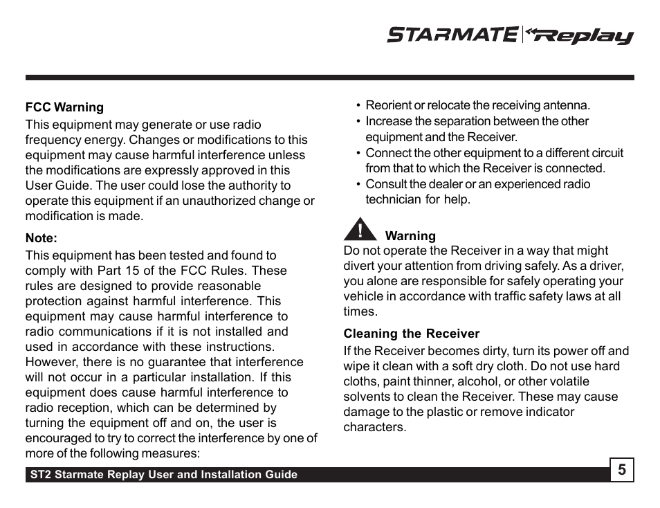 Fcc warning, Cleaning the receiver, Fcc warning cleaning the receiver | Sirius Satellite Radio ST2 User Manual | Page 5 / 60