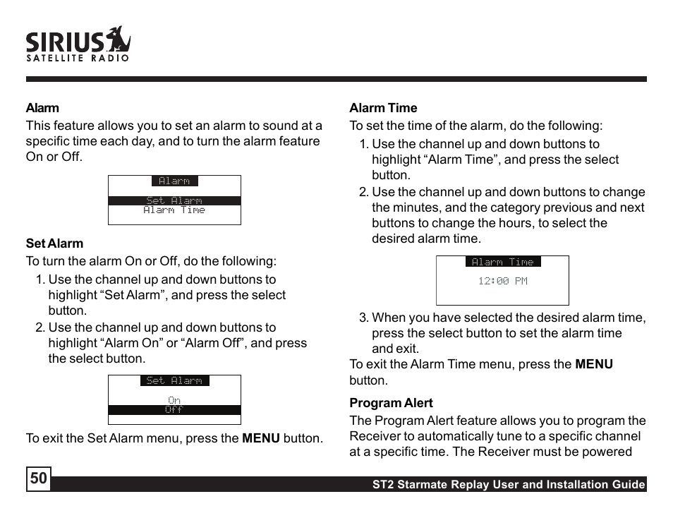 Program alert, Program time/day, Channel number | Sirius Satellite Radio ST2 User Manual | Page 50 / 60