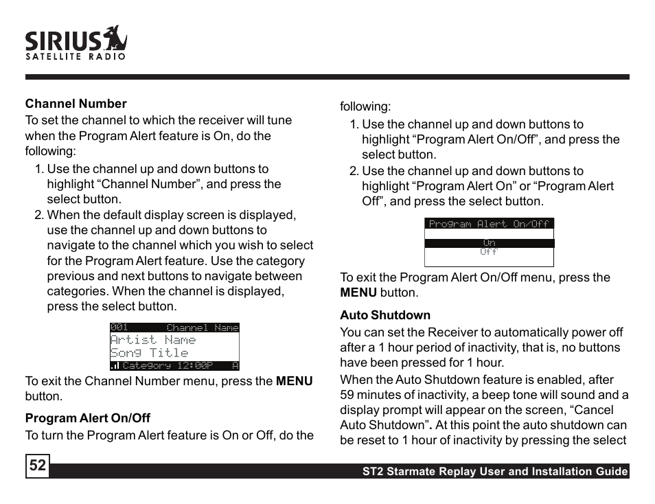 Auto shutdown, Sleep mode, Sleep mode signal indicator | Sirius Satellite Radio ST2 User Manual | Page 52 / 60