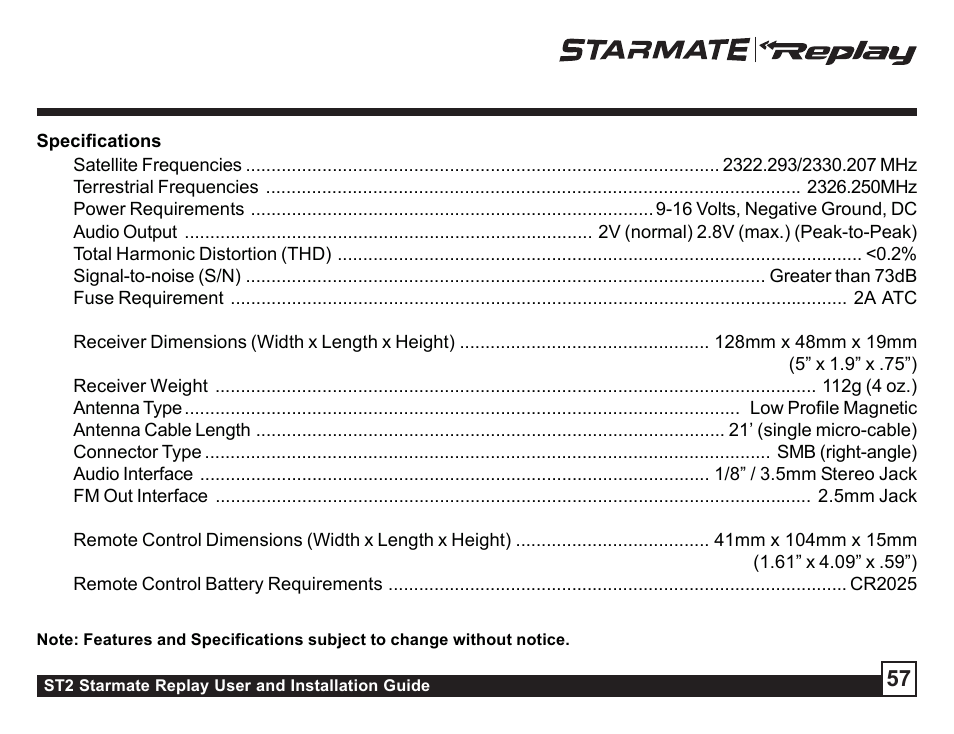 Troubleshooting specifications | Sirius Satellite Radio ST2 User Manual | Page 57 / 60