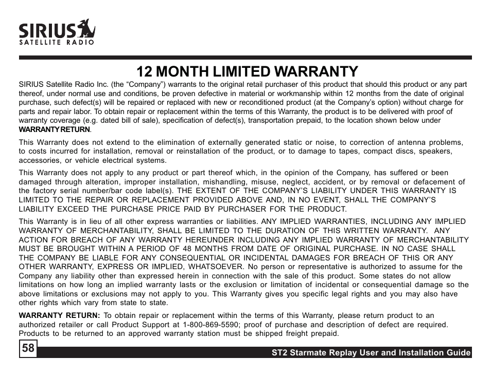 12 month limited warranty | Sirius Satellite Radio ST2 User Manual | Page 58 / 60
