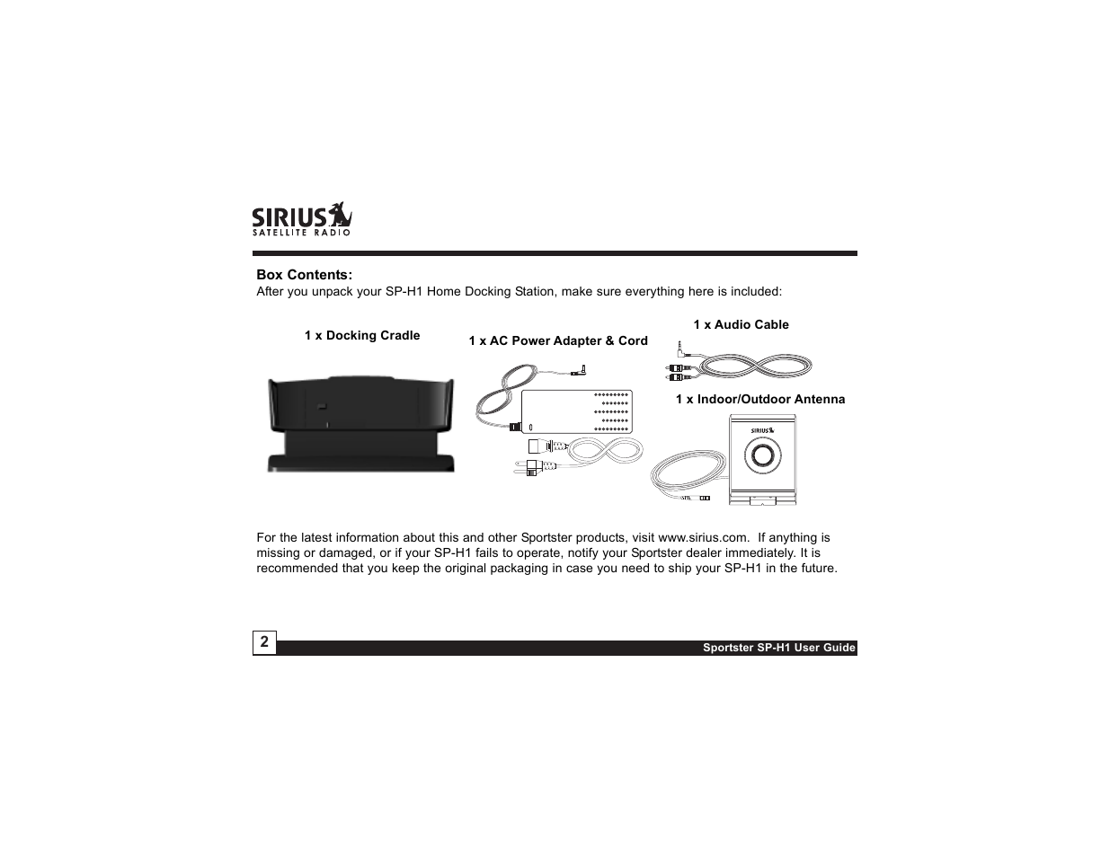 Sirius Satellite Radio SP-H1 User Manual | Page 2 / 8