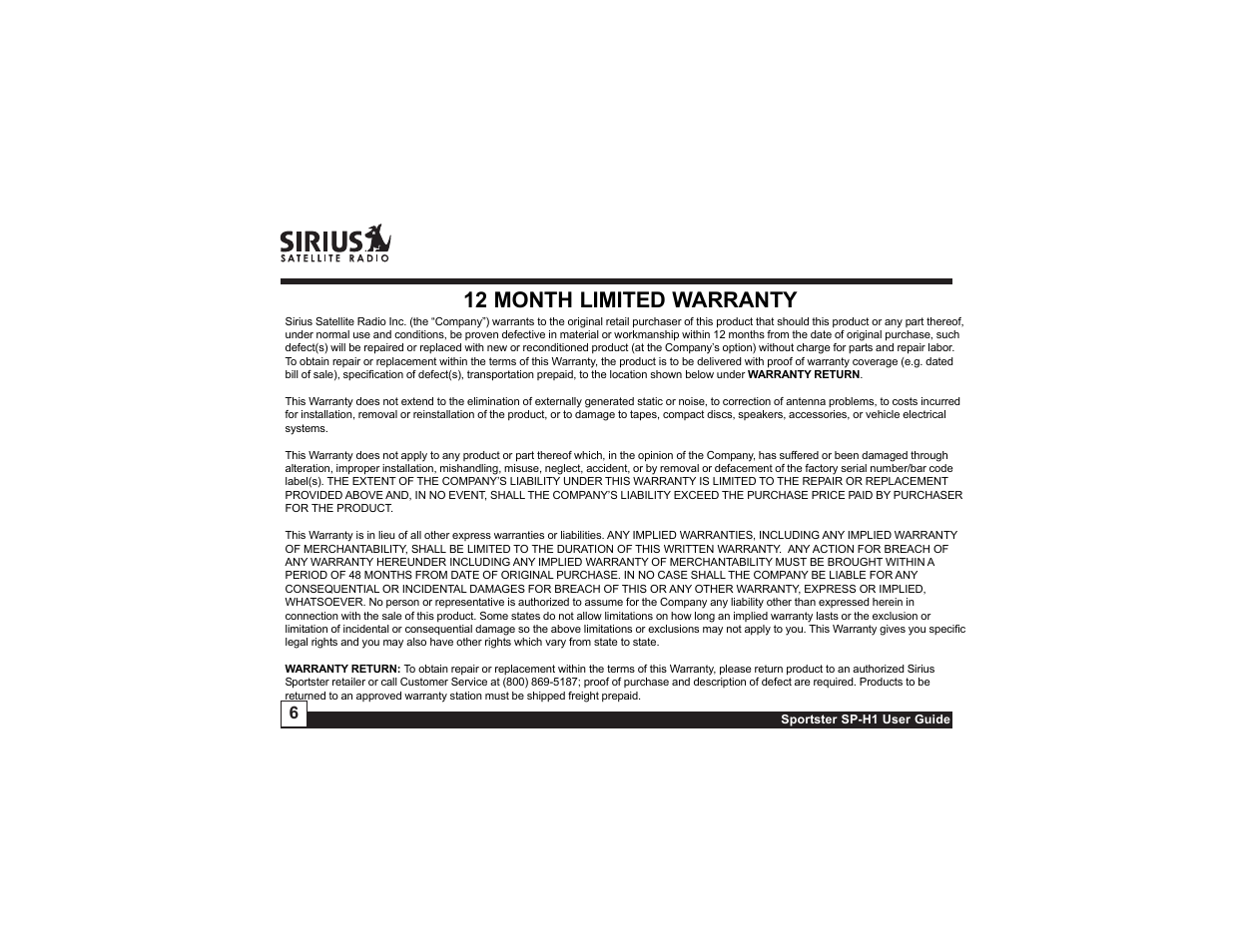12 month limited warranty | Sirius Satellite Radio SP-H1 User Manual | Page 6 / 8