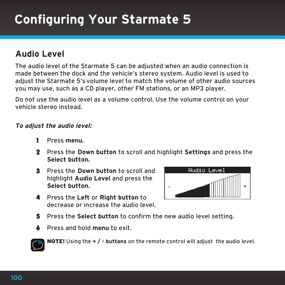 Configuring your starmate 5, Audio level | Sirius Satellite Radio SDST5V1 User Manual | Page 100 / 124