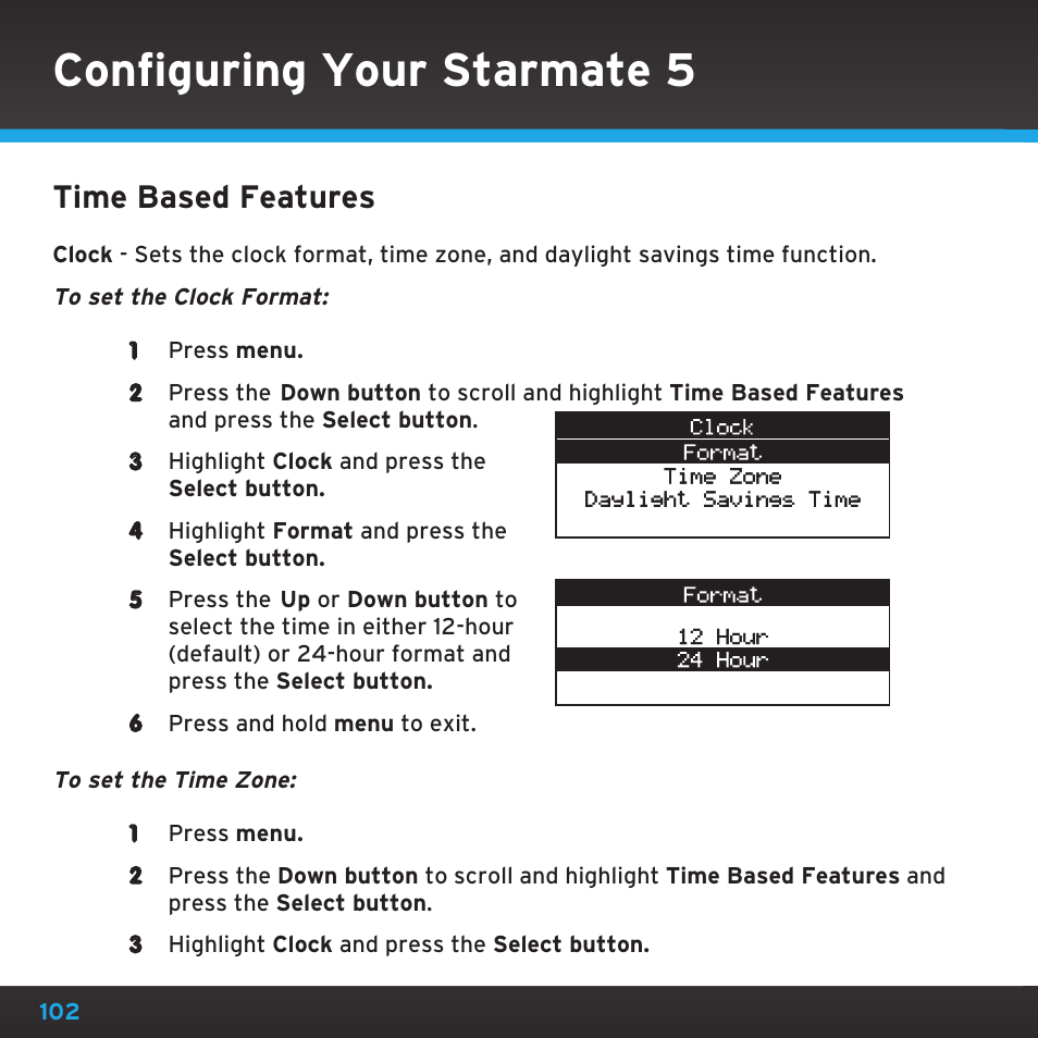 Configuring your starmate 5, Time based features | Sirius Satellite Radio SDST5V1 User Manual | Page 102 / 124