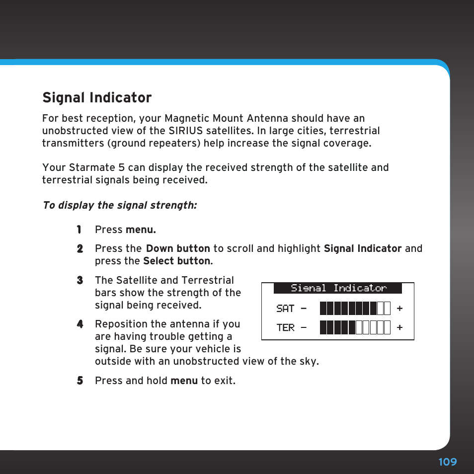 Configuring your starmate 5, Signal indicator | Sirius Satellite Radio SDST5V1 User Manual | Page 109 / 124