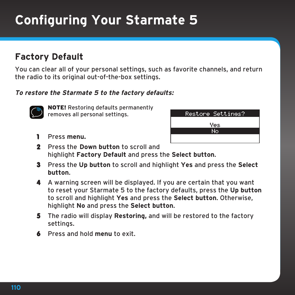 Configuring your starmate 5, Factory default | Sirius Satellite Radio SDST5V1 User Manual | Page 110 / 124