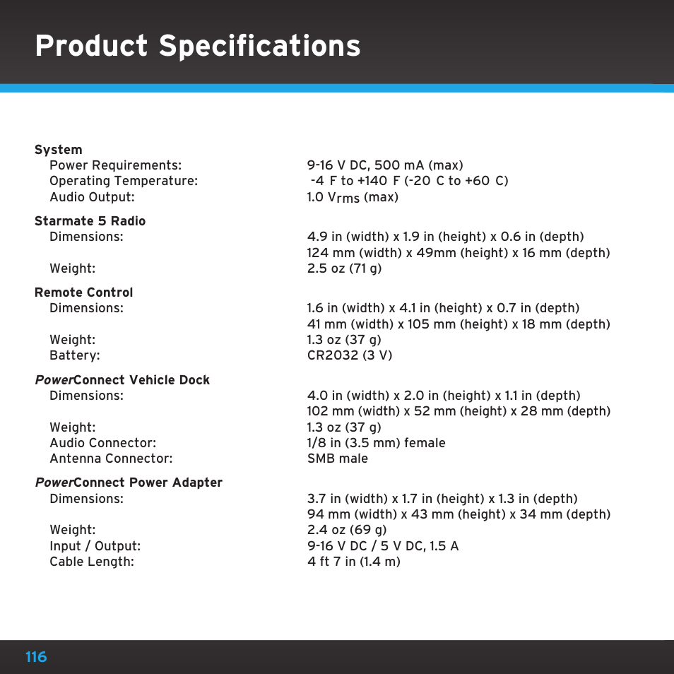 Product specifications | Sirius Satellite Radio SDST5V1 User Manual | Page 116 / 124