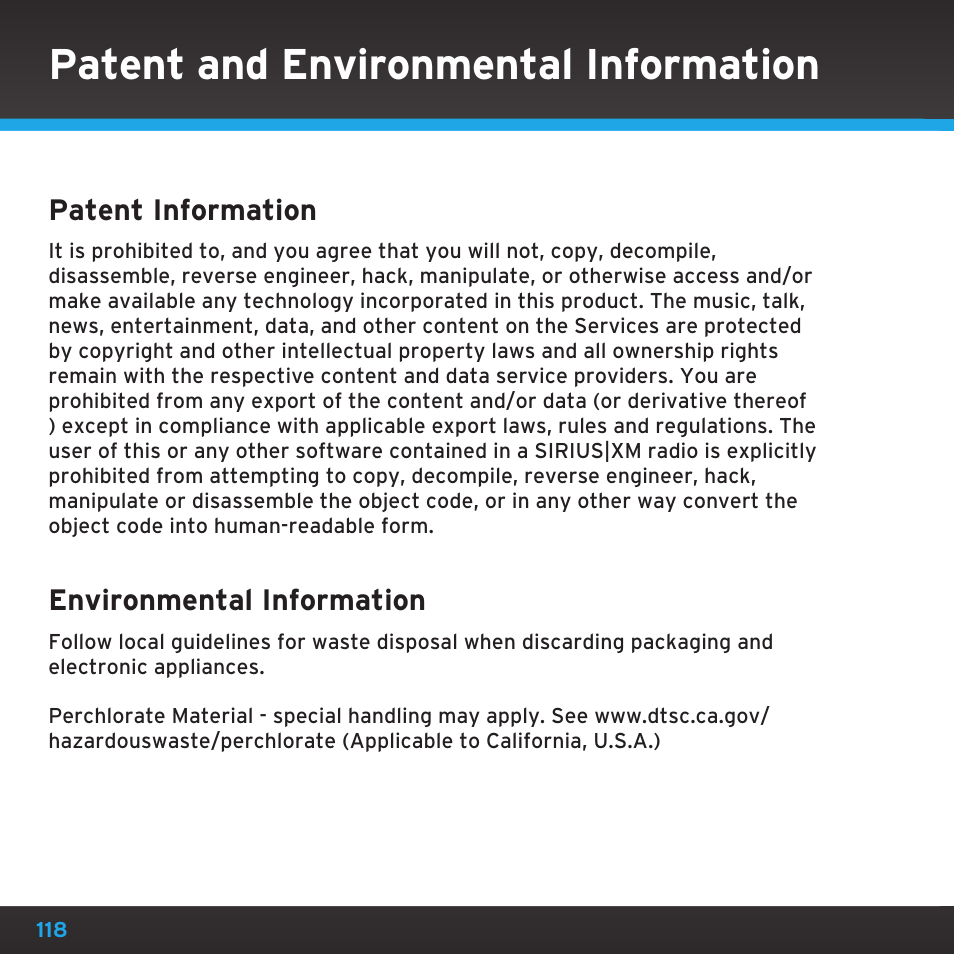 Patent and environmental information | Sirius Satellite Radio SDST5V1 User Manual | Page 118 / 124