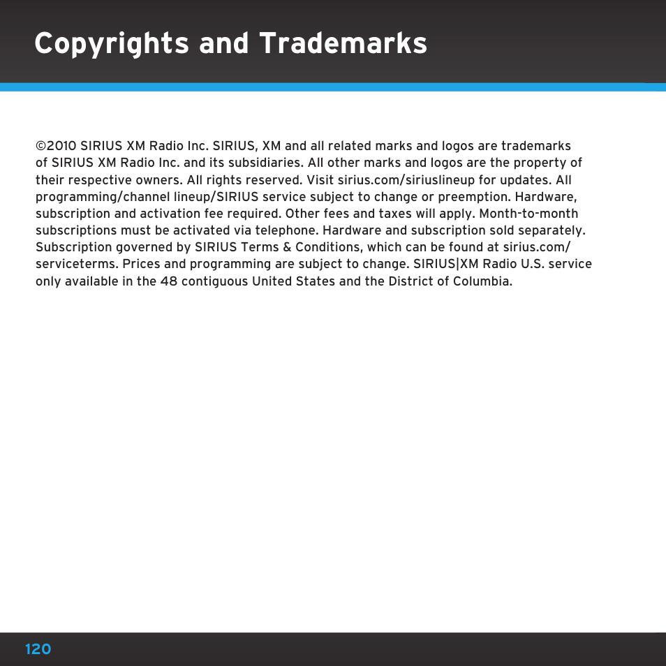 Copyrights and trademarks | Sirius Satellite Radio SDST5V1 User Manual | Page 120 / 124
