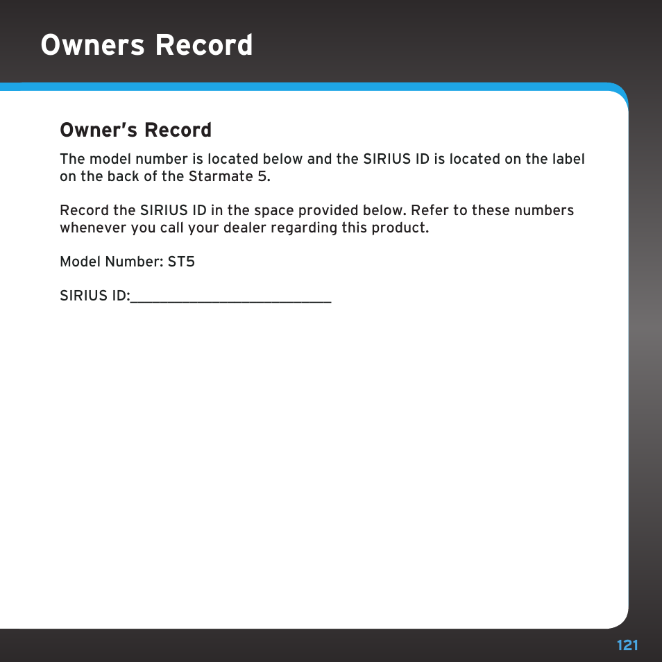 Owners record copyrights and trademarks, Owner’s record | Sirius Satellite Radio SDST5V1 User Manual | Page 121 / 124