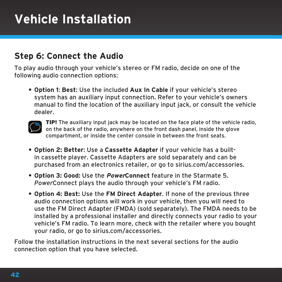 Vehicle installation, Step 6: connect the audio | Sirius Satellite Radio SDST5V1 User Manual | Page 42 / 124