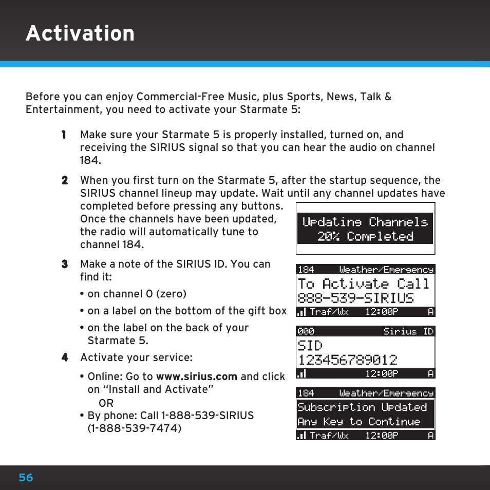 Activation | Sirius Satellite Radio SDST5V1 User Manual | Page 56 / 124