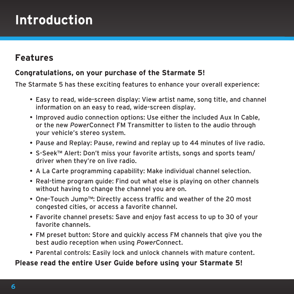 Introduction, Features | Sirius Satellite Radio SDST5V1 User Manual | Page 6 / 124