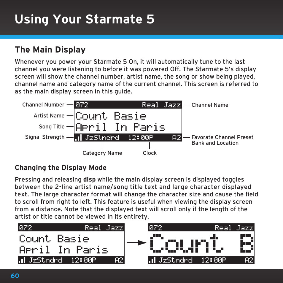 Using your starmate 5, The main display | Sirius Satellite Radio SDST5V1 User Manual | Page 60 / 124