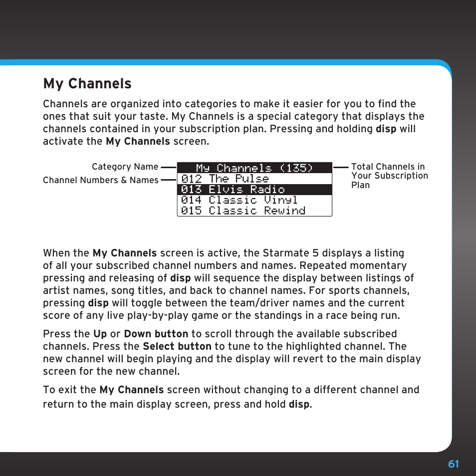 My channels | Sirius Satellite Radio SDST5V1 User Manual | Page 61 / 124