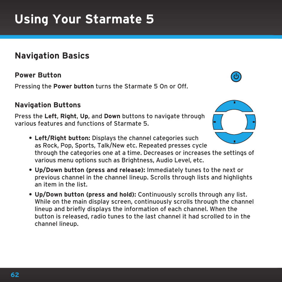 Using your starmate 5, Navigation basics | Sirius Satellite Radio SDST5V1 User Manual | Page 62 / 124