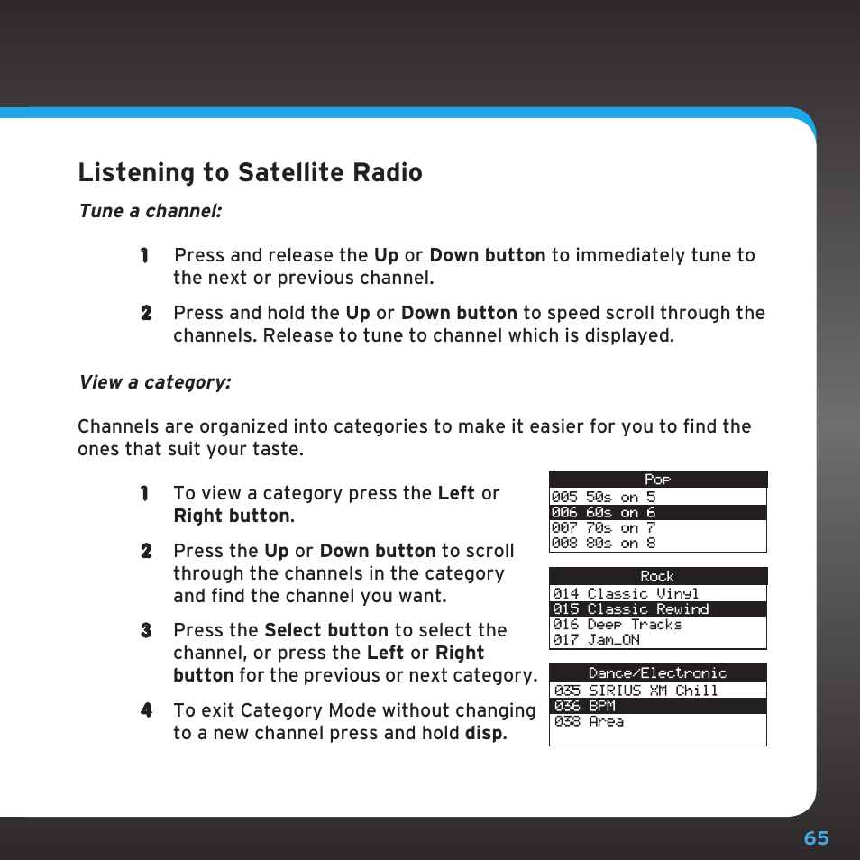 Listening to satellite radio | Sirius Satellite Radio SDST5V1 User Manual | Page 65 / 124