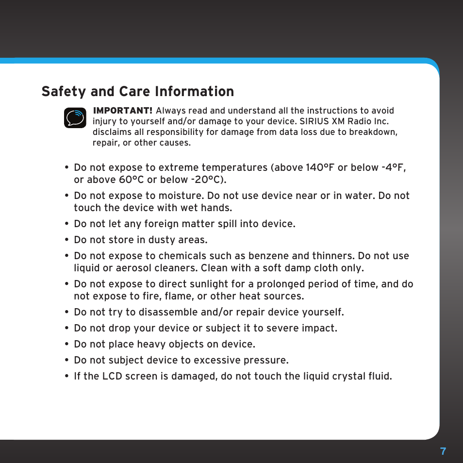 Safety and care information | Sirius Satellite Radio SDST5V1 User Manual | Page 7 / 124