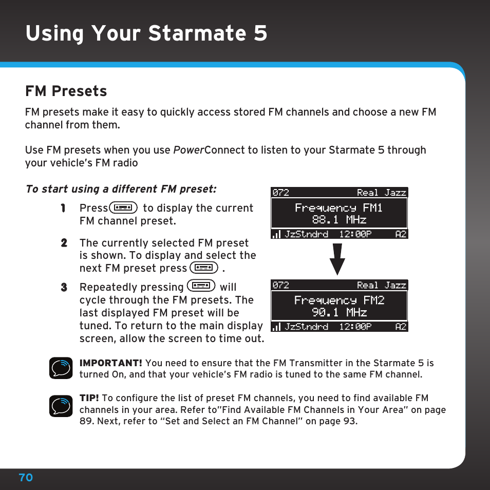 Using your starmate 5, Fm presets | Sirius Satellite Radio SDST5V1 User Manual | Page 70 / 124