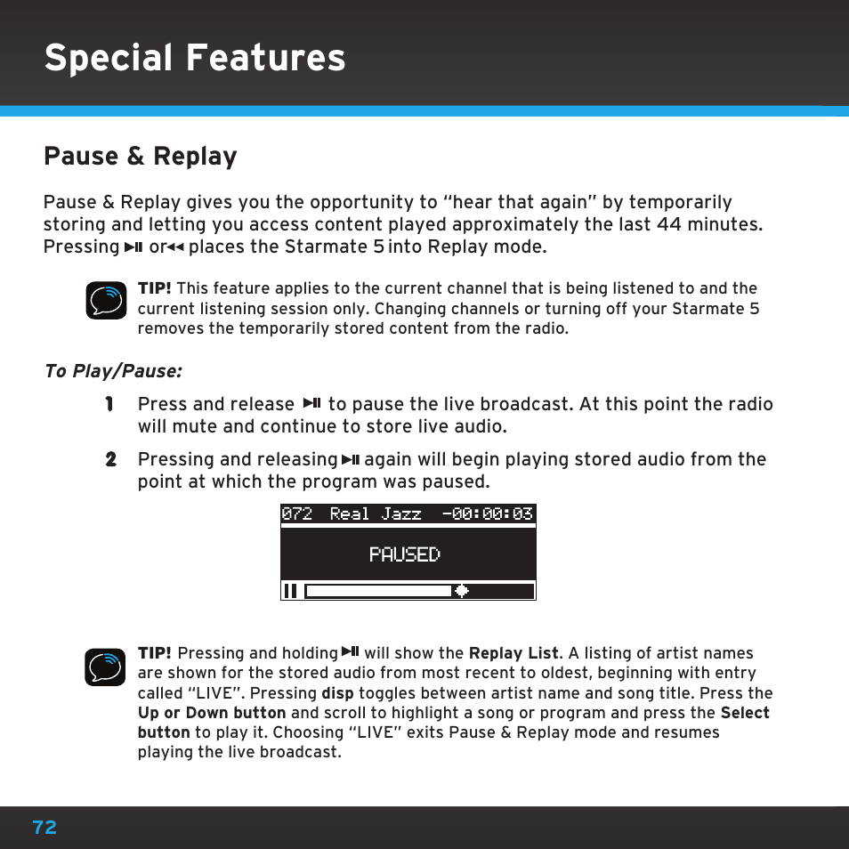 Special features, Pause & replay | Sirius Satellite Radio SDST5V1 User Manual | Page 72 / 124