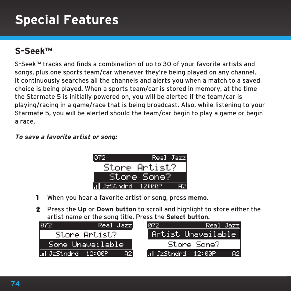 Special features, S-seek | Sirius Satellite Radio SDST5V1 User Manual | Page 74 / 124