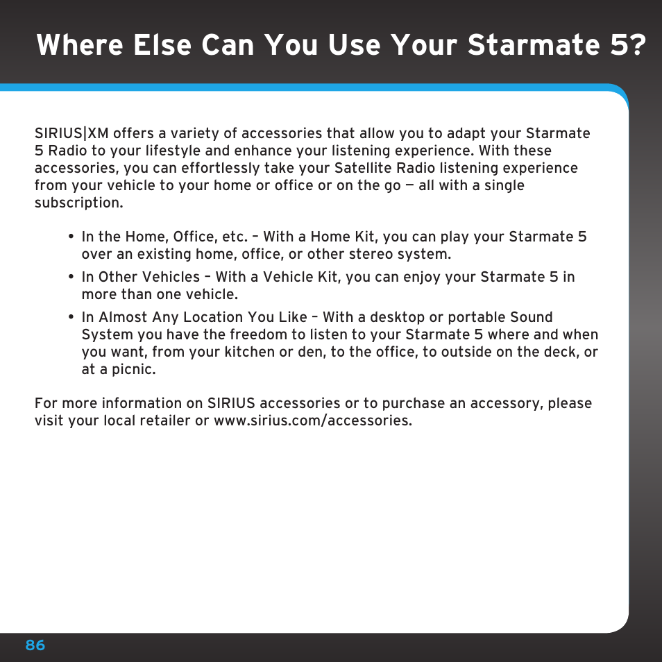 Where else can you use your starmate 5 | Sirius Satellite Radio SDST5V1 User Manual | Page 86 / 124