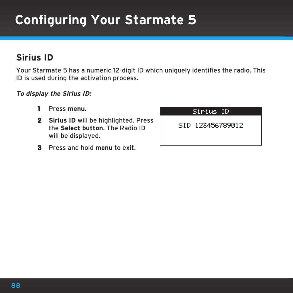 Configuring your starmate 5, Sirius id | Sirius Satellite Radio SDST5V1 User Manual | Page 88 / 124