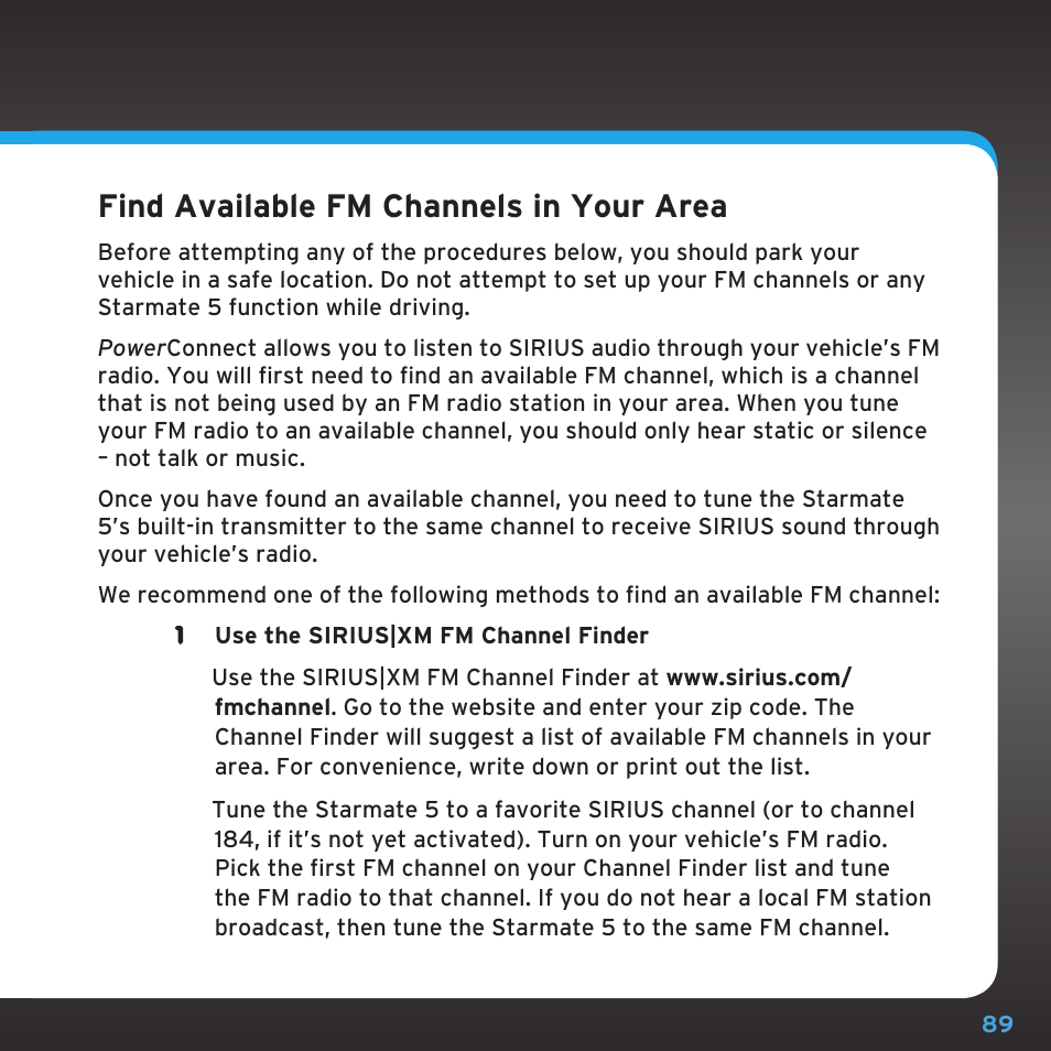 Find available fm channels in your area | Sirius Satellite Radio SDST5V1 User Manual | Page 89 / 124