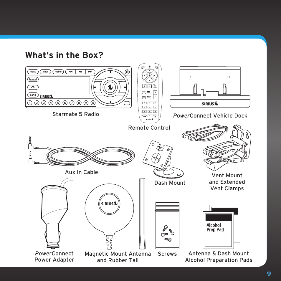 What’s in the box | Sirius Satellite Radio SDST5V1 User Manual | Page 9 / 124