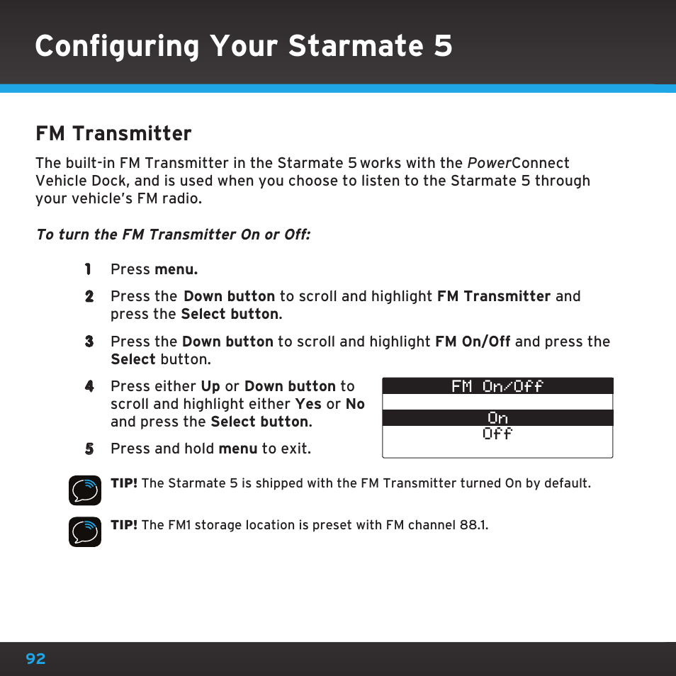 Configuring your starmate 5, Fm transmitter | Sirius Satellite Radio SDST5V1 User Manual | Page 92 / 124