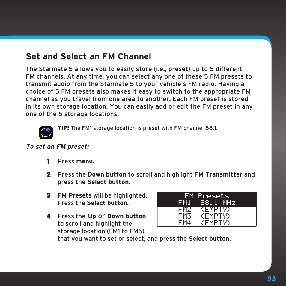 Configuring your starmate 5, Set and select an fm channel | Sirius Satellite Radio SDST5V1 User Manual | Page 93 / 124