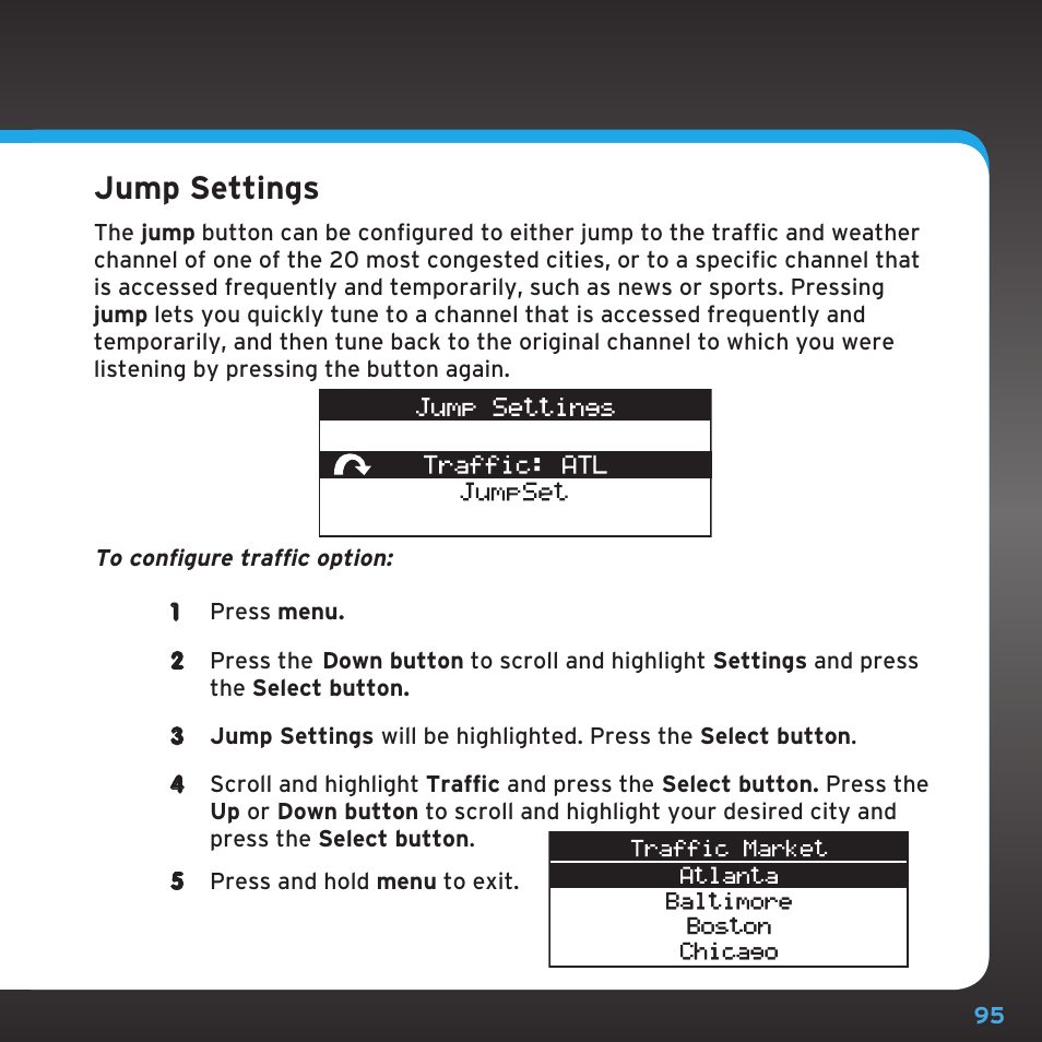 Configuring your starmate 5, Jump settings | Sirius Satellite Radio SDST5V1 User Manual | Page 95 / 124