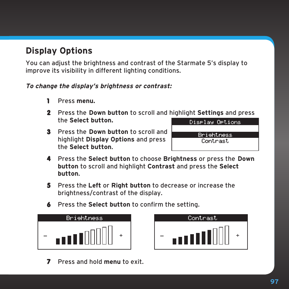 Configuring your starmate 5, Display options | Sirius Satellite Radio SDST5V1 User Manual | Page 97 / 124