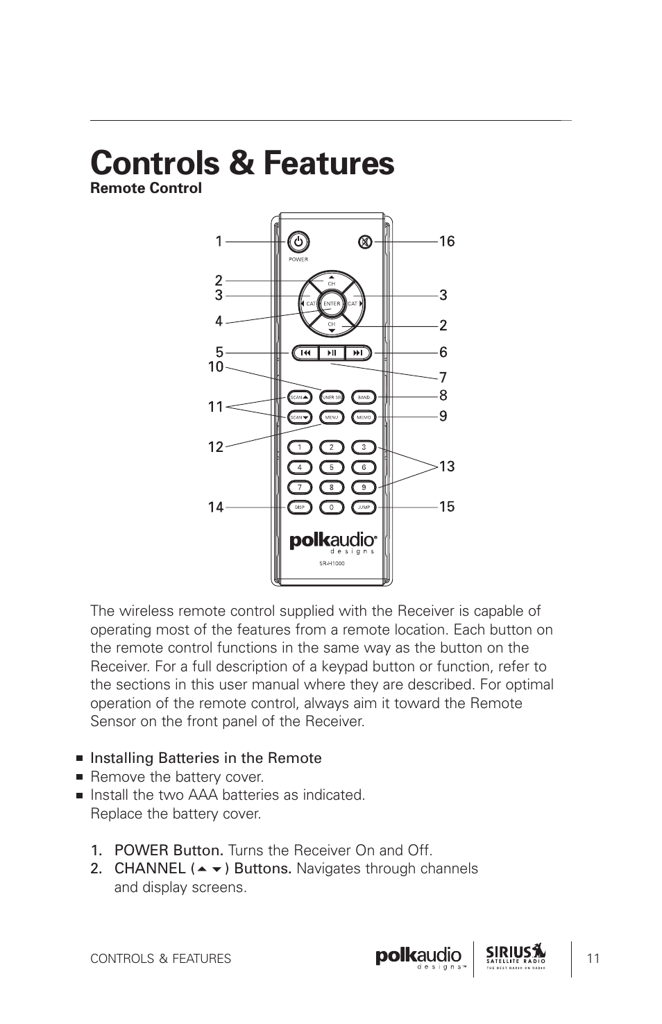 Controls & features | Sirius Satellite Radio SRH1000 User Manual | Page 11 / 60