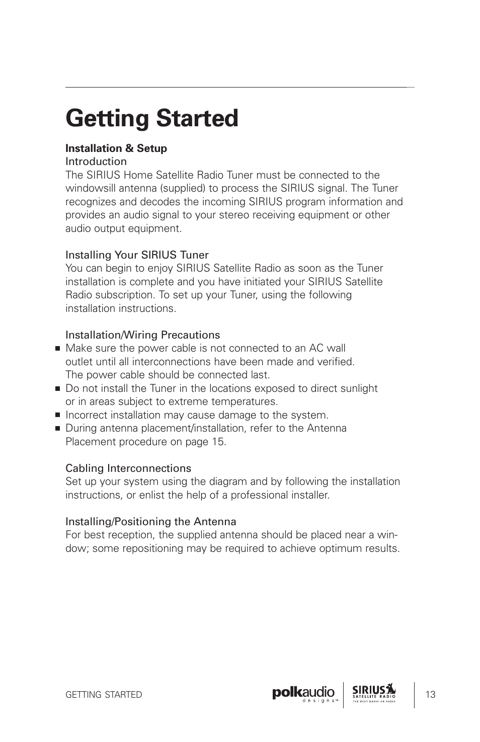 Getting started | Sirius Satellite Radio SRH1000 User Manual | Page 13 / 60