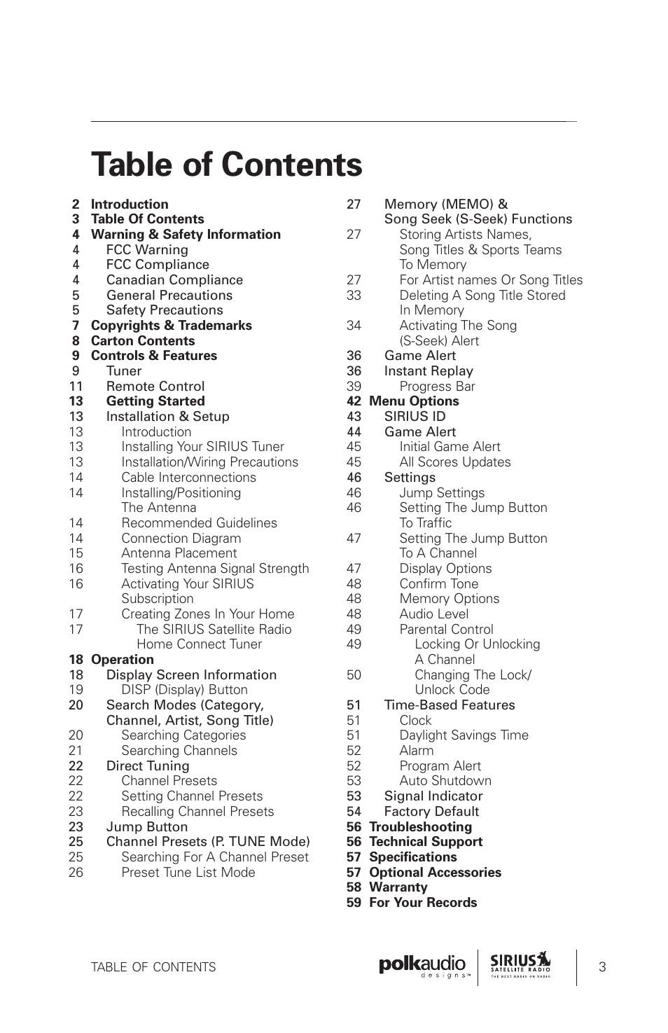 Sirius Satellite Radio SRH1000 User Manual | Page 3 / 60