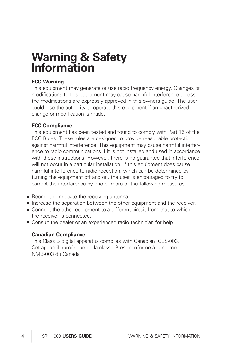 Warning & safety information | Sirius Satellite Radio SRH1000 User Manual | Page 4 / 60