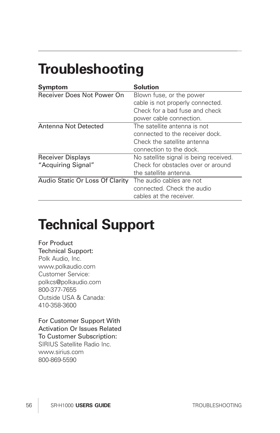 Troubleshooting, Technical support | Sirius Satellite Radio SRH1000 User Manual | Page 56 / 60