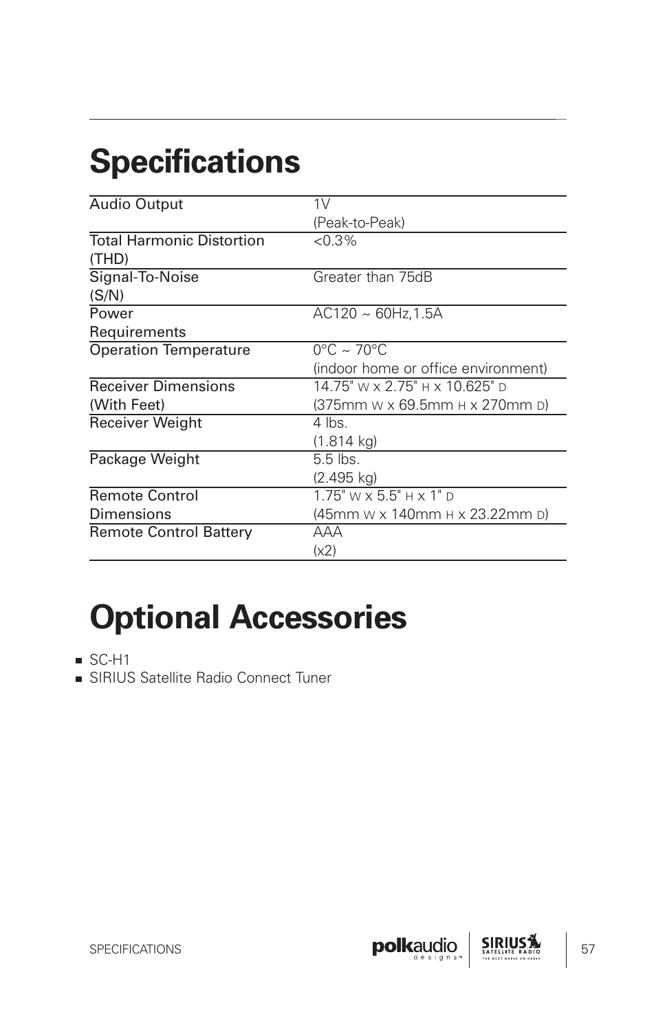 Specifications, Optional accessories | Sirius Satellite Radio SRH1000 User Manual | Page 57 / 60