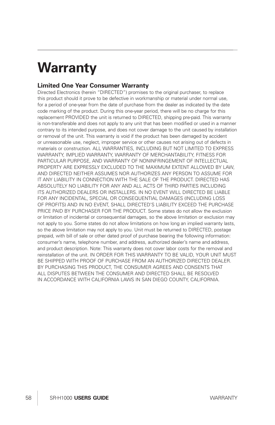 Warranty | Sirius Satellite Radio SRH1000 User Manual | Page 58 / 60