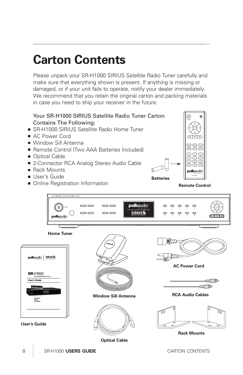 Carton contents | Sirius Satellite Radio SRH1000 User Manual | Page 8 / 60