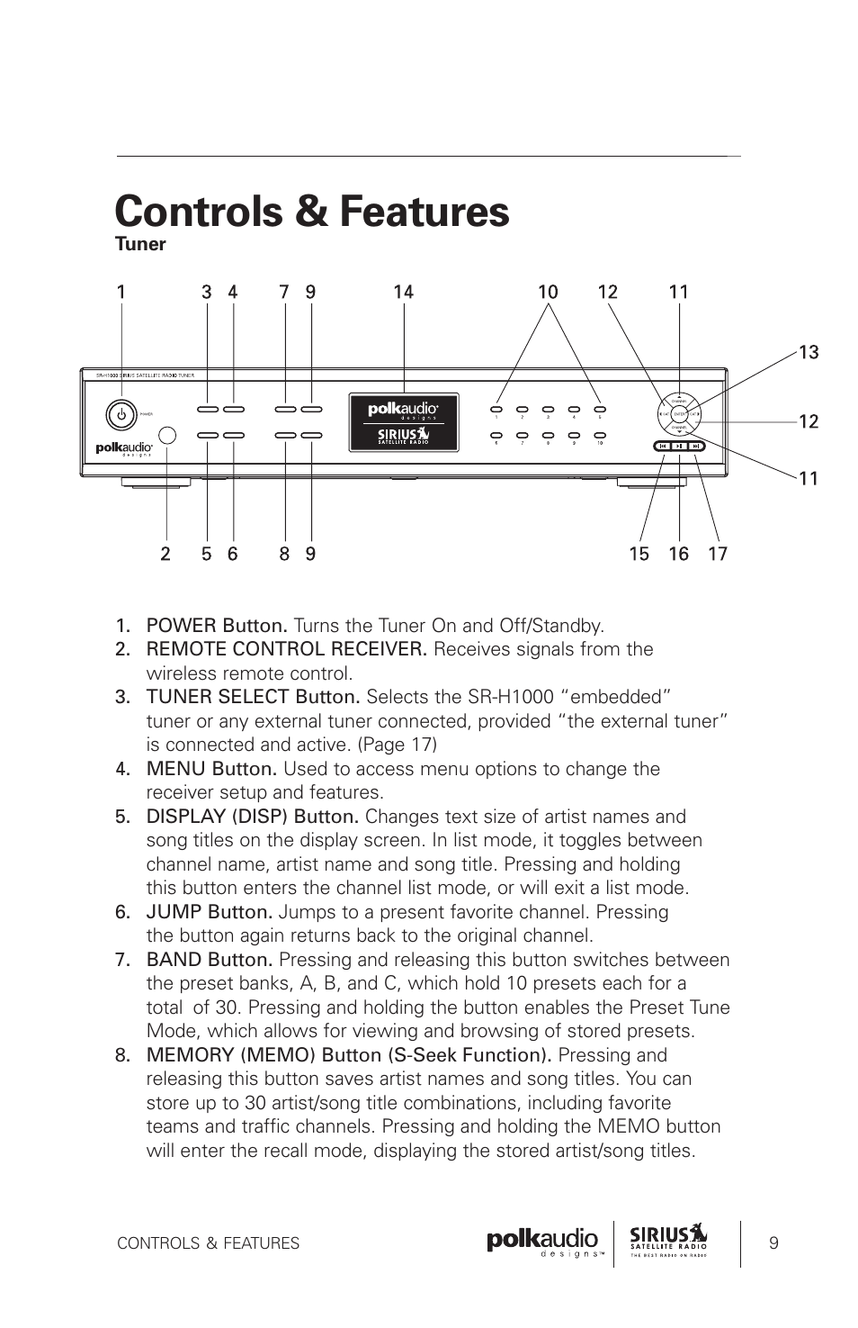 Controls & features | Sirius Satellite Radio SRH1000 User Manual | Page 9 / 60