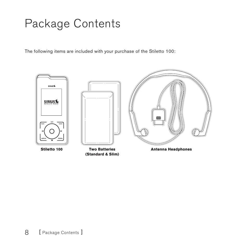 Package contents | Sirius Satellite Radio STILETTO 100 User Manual | Page 10 / 88