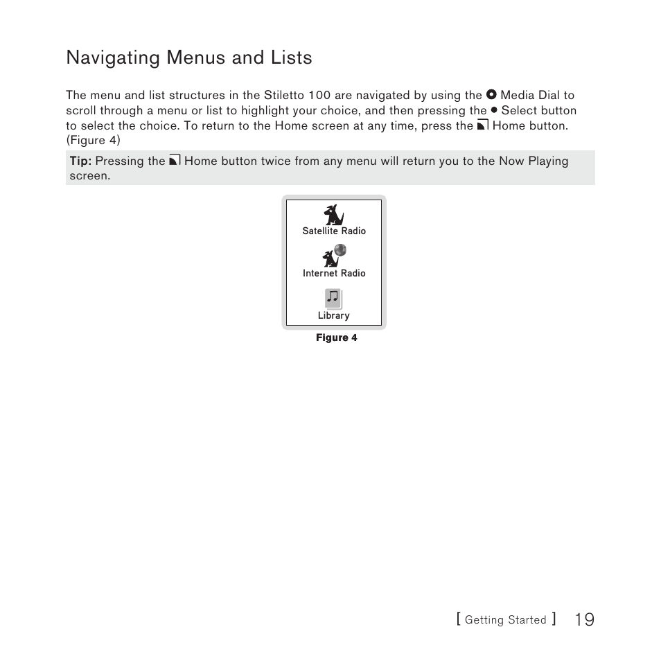 Navigating menus and lists | Sirius Satellite Radio STILETTO 100 User Manual | Page 21 / 88