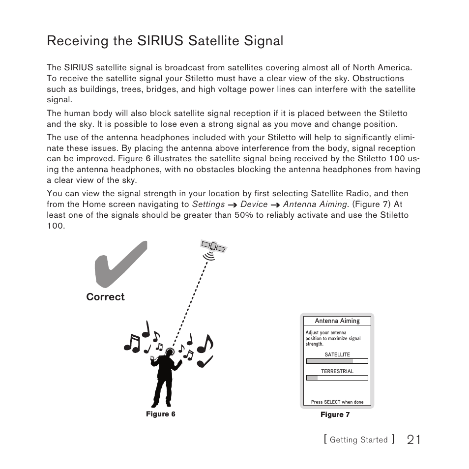 Receiving the sirius satellite signal | Sirius Satellite Radio STILETTO 100 User Manual | Page 23 / 88