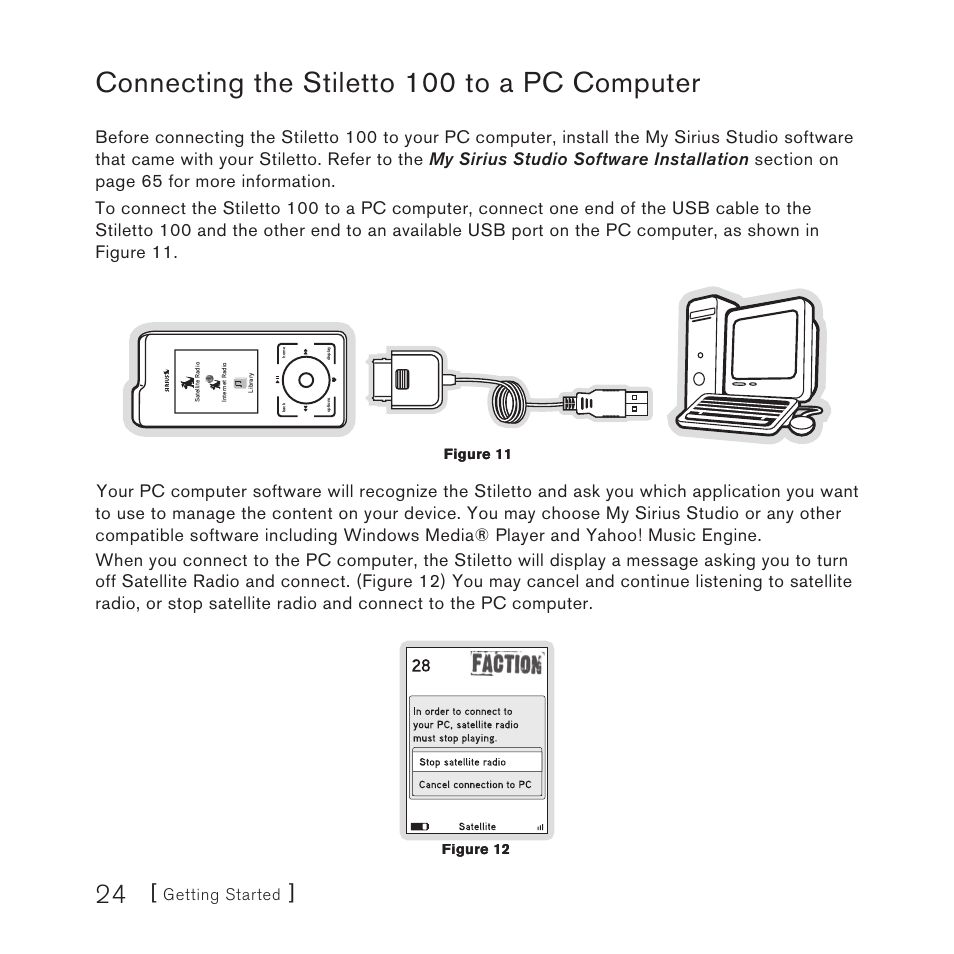 Connecting the stiletto 100 to a pc computer, Getting started, Figure 11 | Sirius Satellite Radio STILETTO 100 User Manual | Page 26 / 88