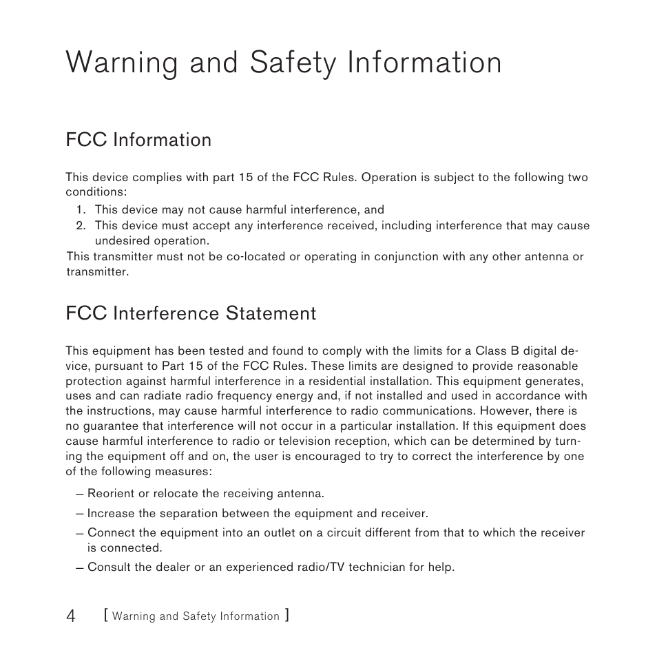 Warning and safety information, Fcc information, Fcc interference statement | Sirius Satellite Radio STILETTO 100 User Manual | Page 6 / 88