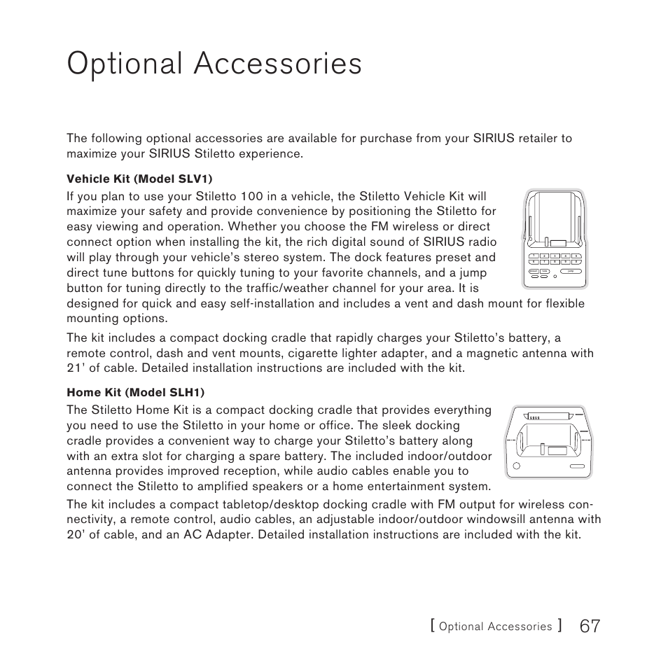 Optional accessories, Vehicle kit (model slv1), Home kit (model slh1) | Sirius Satellite Radio STILETTO 100 User Manual | Page 69 / 88