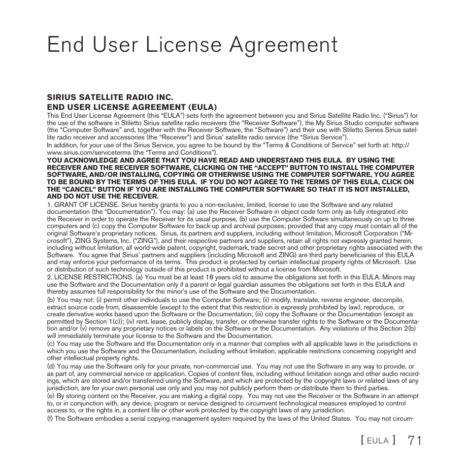 End user license agreement | Sirius Satellite Radio STILETTO 100 User Manual | Page 73 / 88